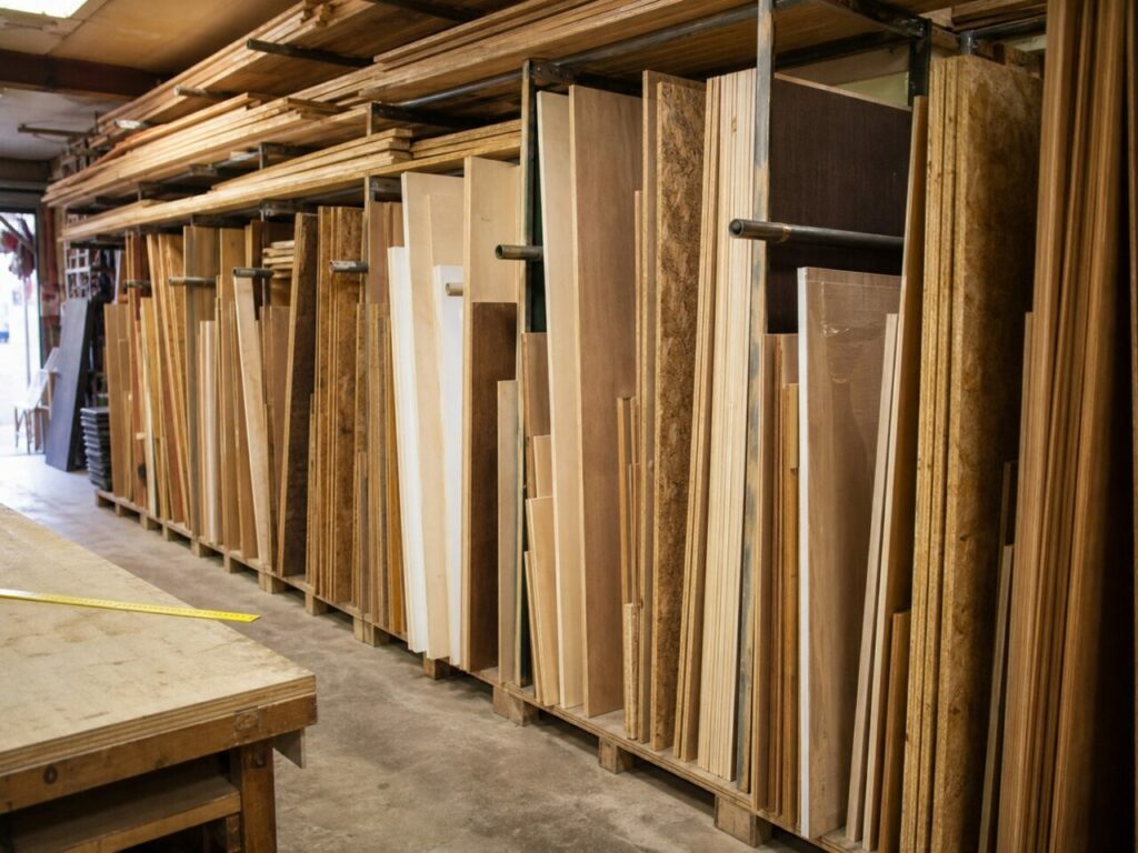 Détail droit des panneaux de bois entre montants métalliques