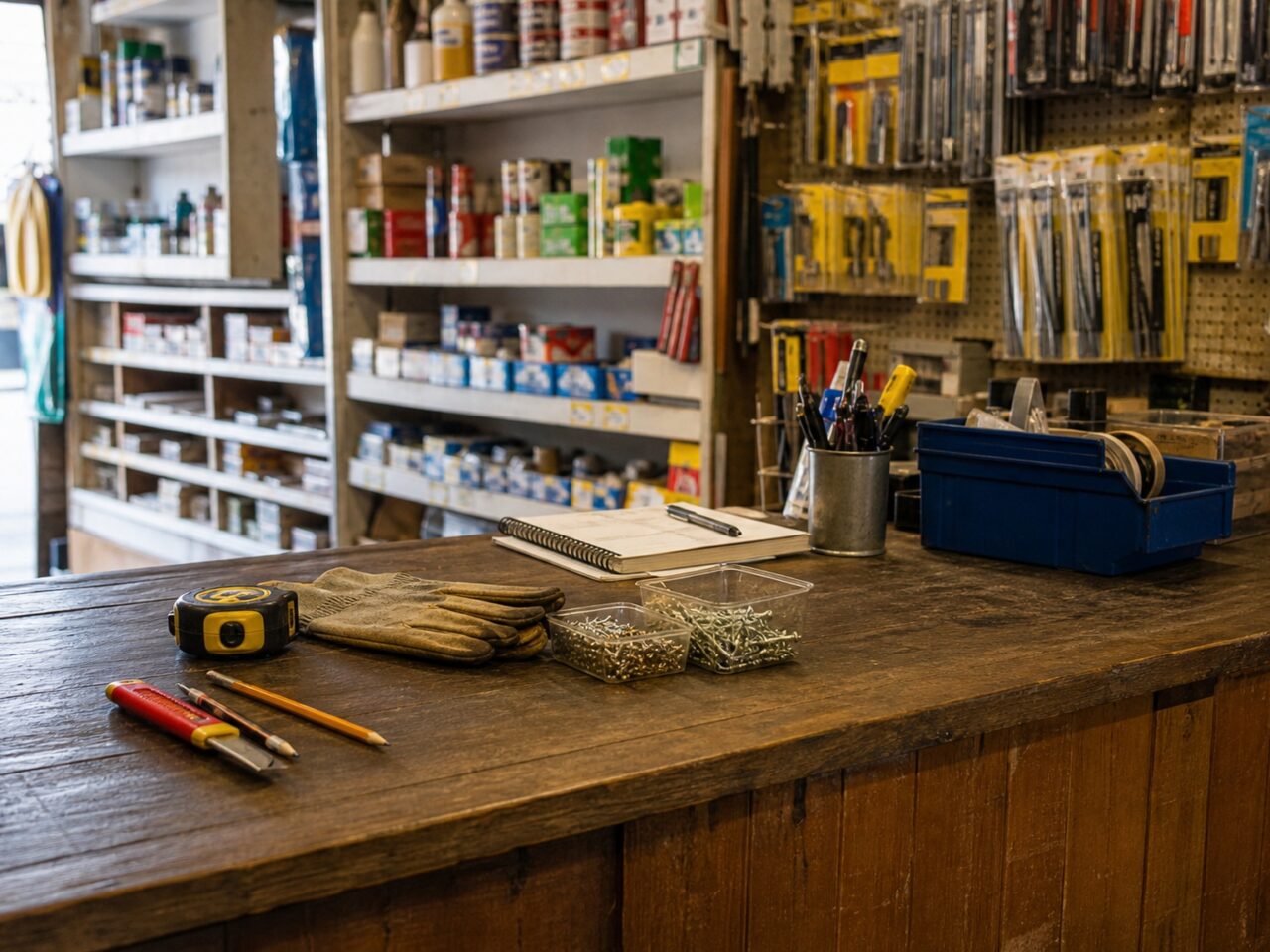 Close-up of the right side of a DIY counter with tool cup and blue tray