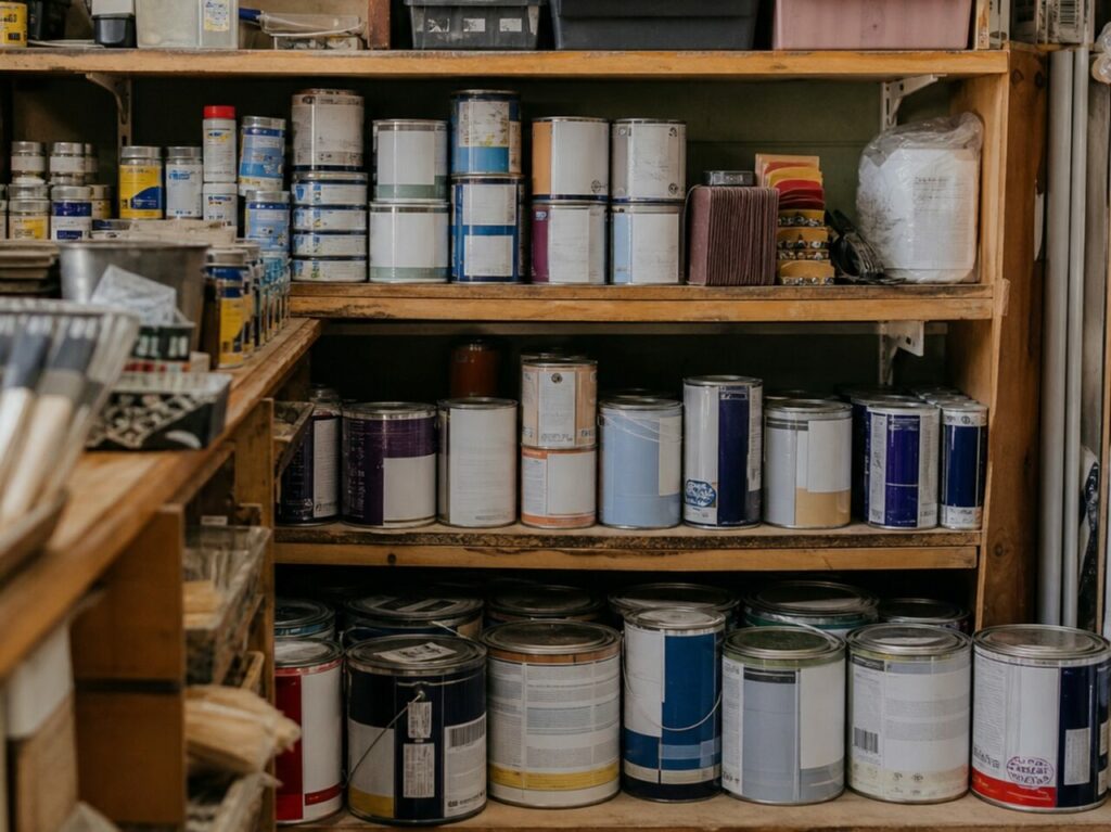 Détail droit des pots de peinture et accessoires sur une étagère