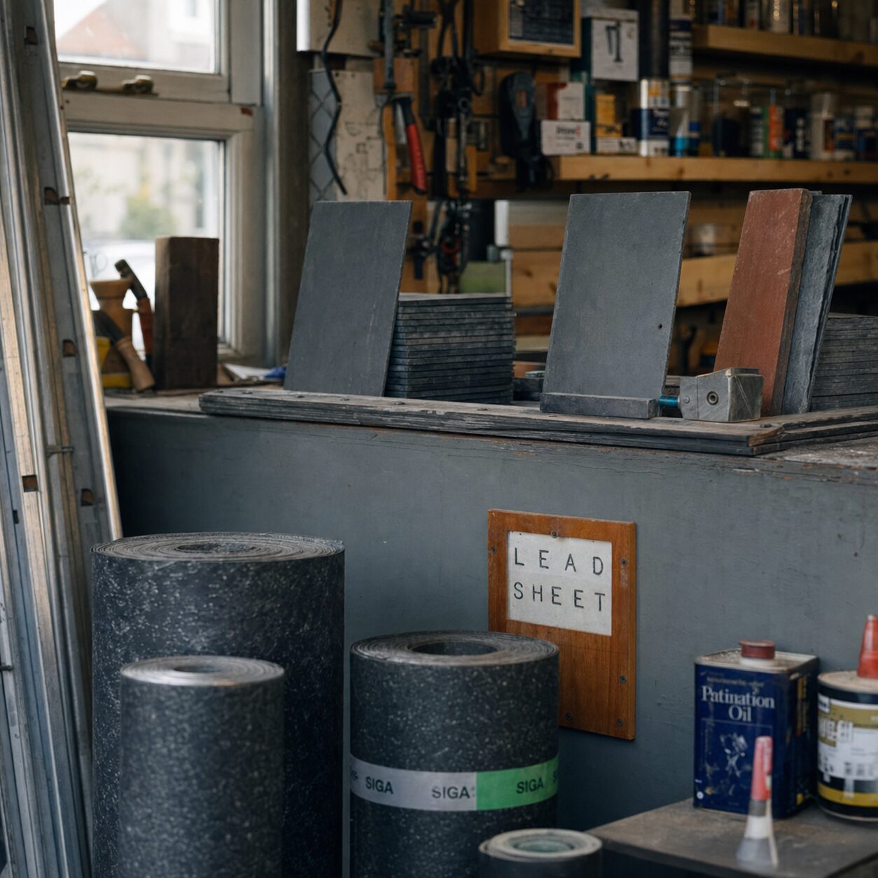 Détail d’échantillons de couverture et de rouleaux « LEAD SHEET » dans l’atelier de Bristol