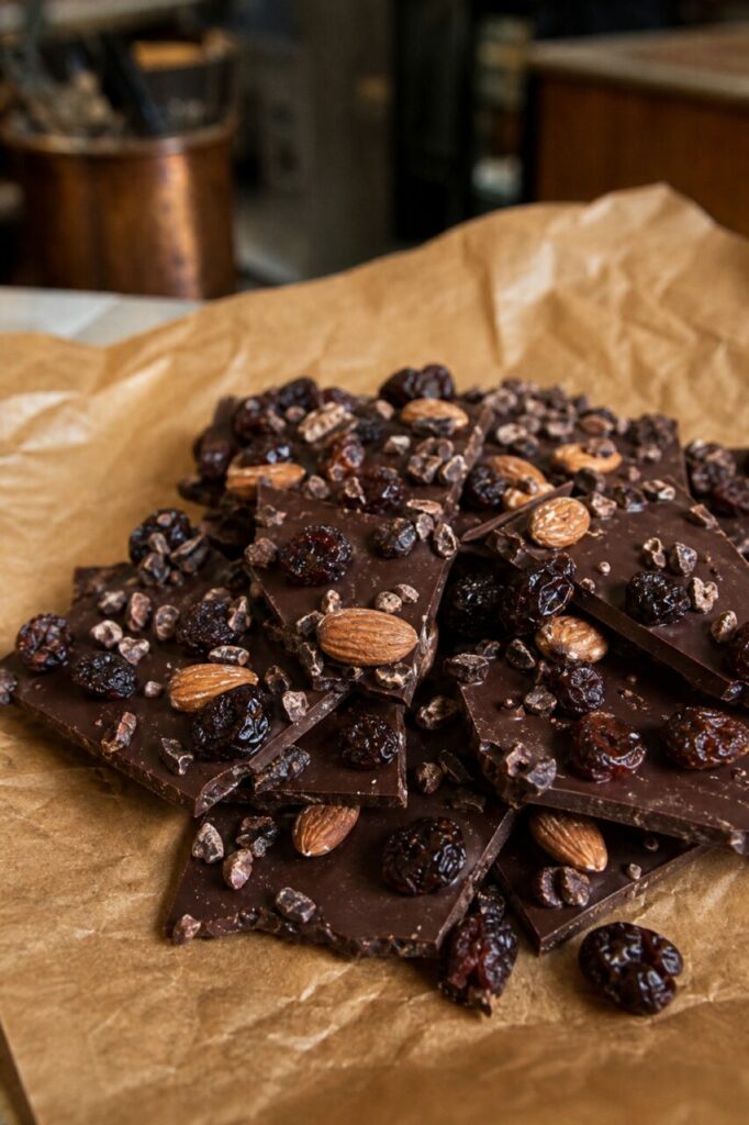 Close detail of almond-topped chocolate bark