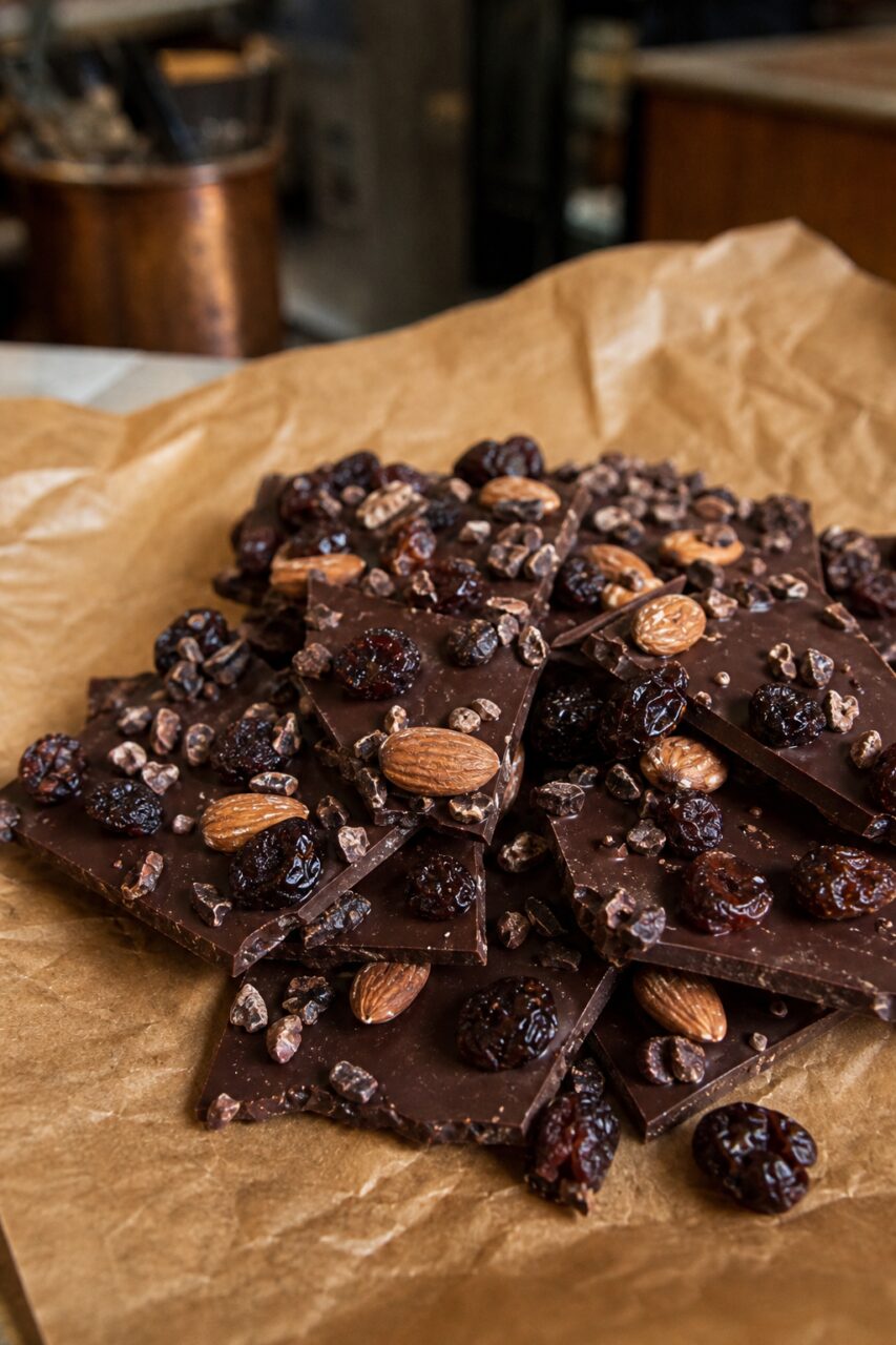 Detalhe aproximado de lascas de chocolate com amêndoas