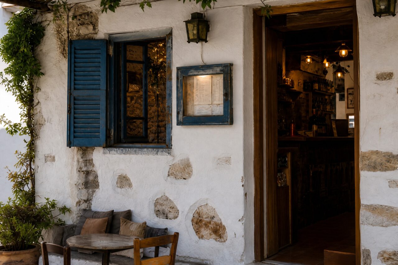 Dettaglio della finestra blu e dell’ingresso illuminato