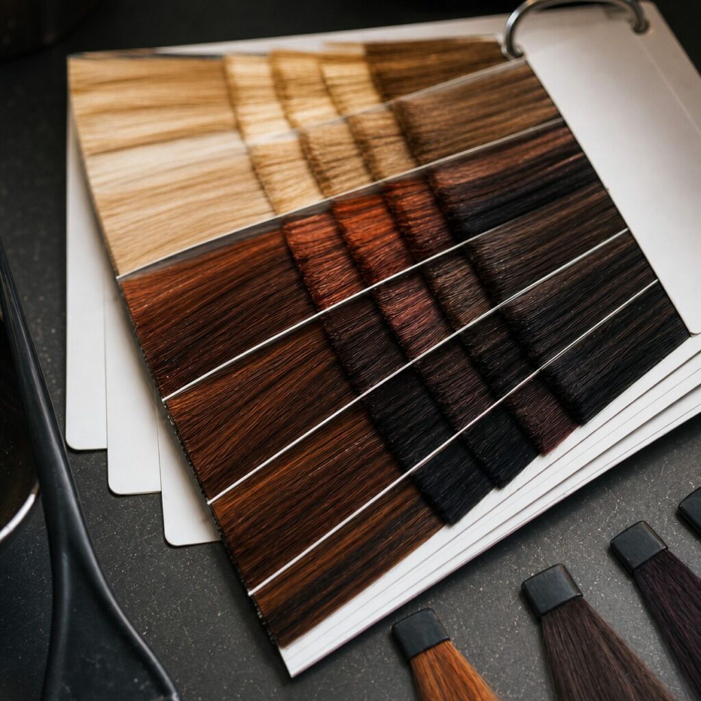 Détail des fibres blondes, cuivrées et brunes du nuancier