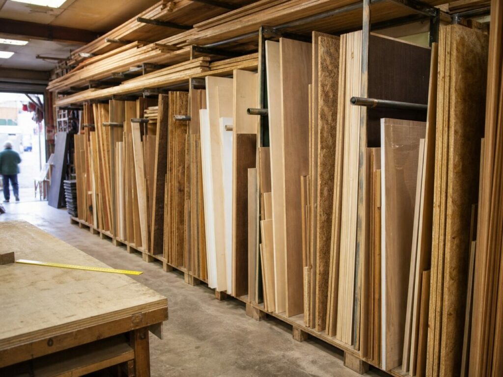 Détail gauche d’un rayon de planches et panneaux en bois
