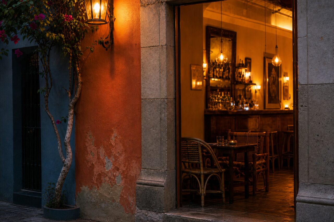 Close detail of a lantern and bougainvillea beside a warmly lit bar entrance