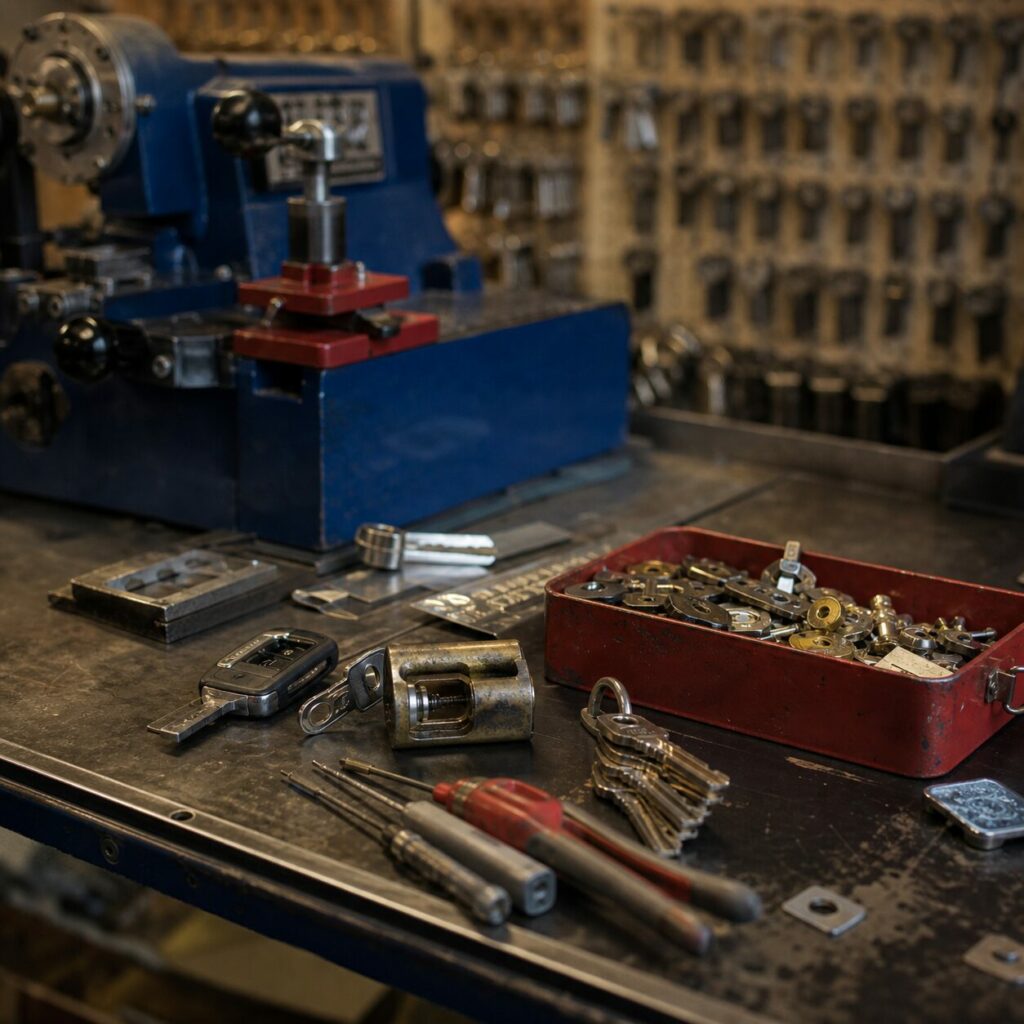 Détail d’une machine à tailler les clés et d’outils sur le comptoir d’une serrurerie