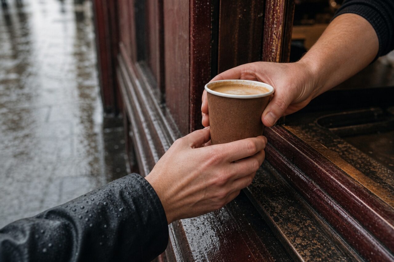 Detalhe das mãos a trocar um café com espuma junto à janela sob a chuva