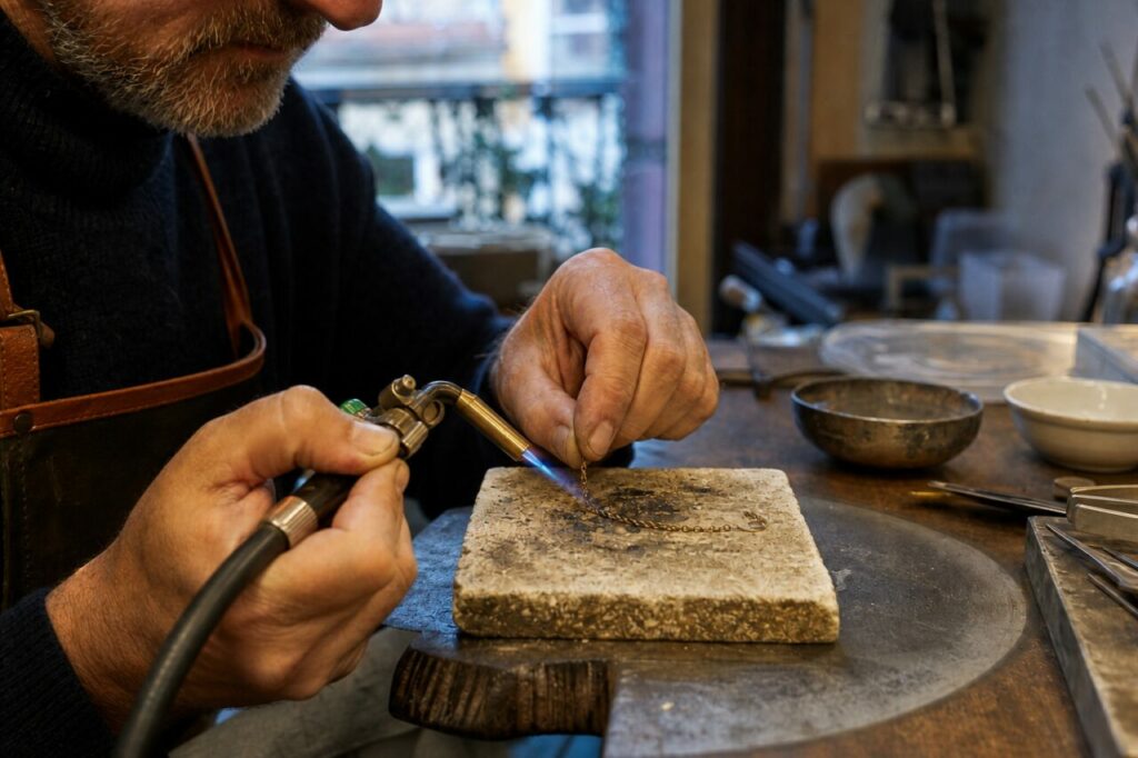 Detail van handen, vlam en kettingschakels