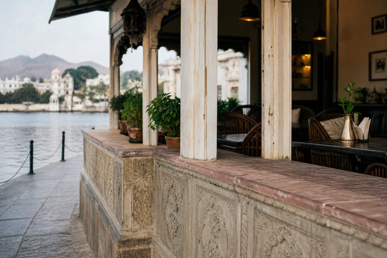 Dettaglio del parapetto floreale e del vaso sul tavolo