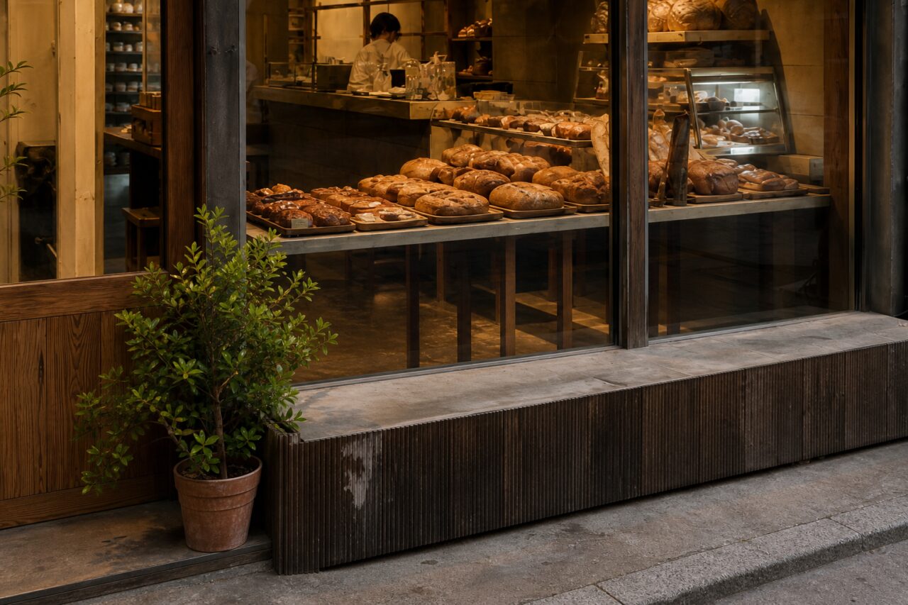 Détail des pains alignés derrière la vitrine