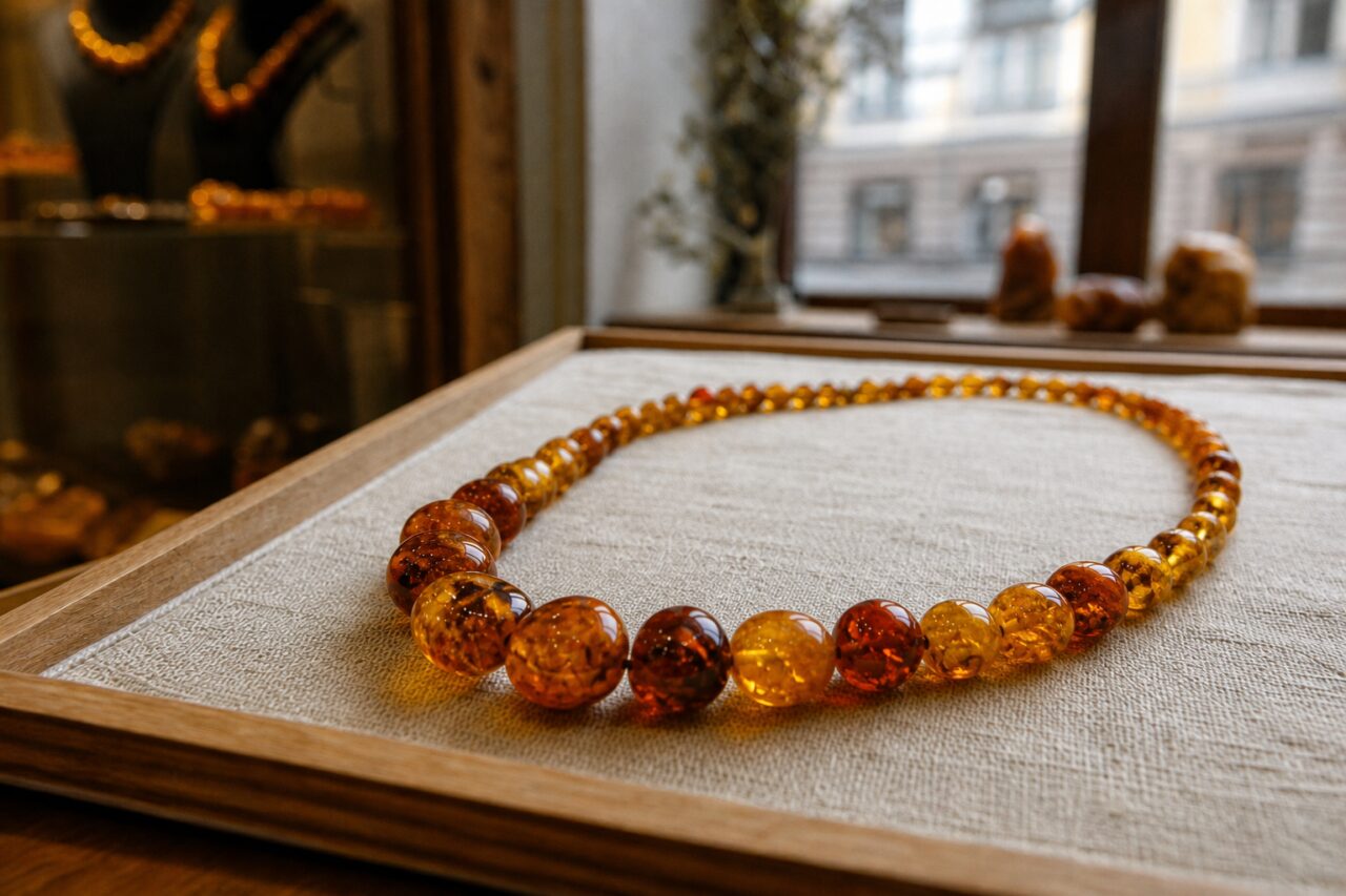 Detail van de honingkleurige, oranje en bruine kralen