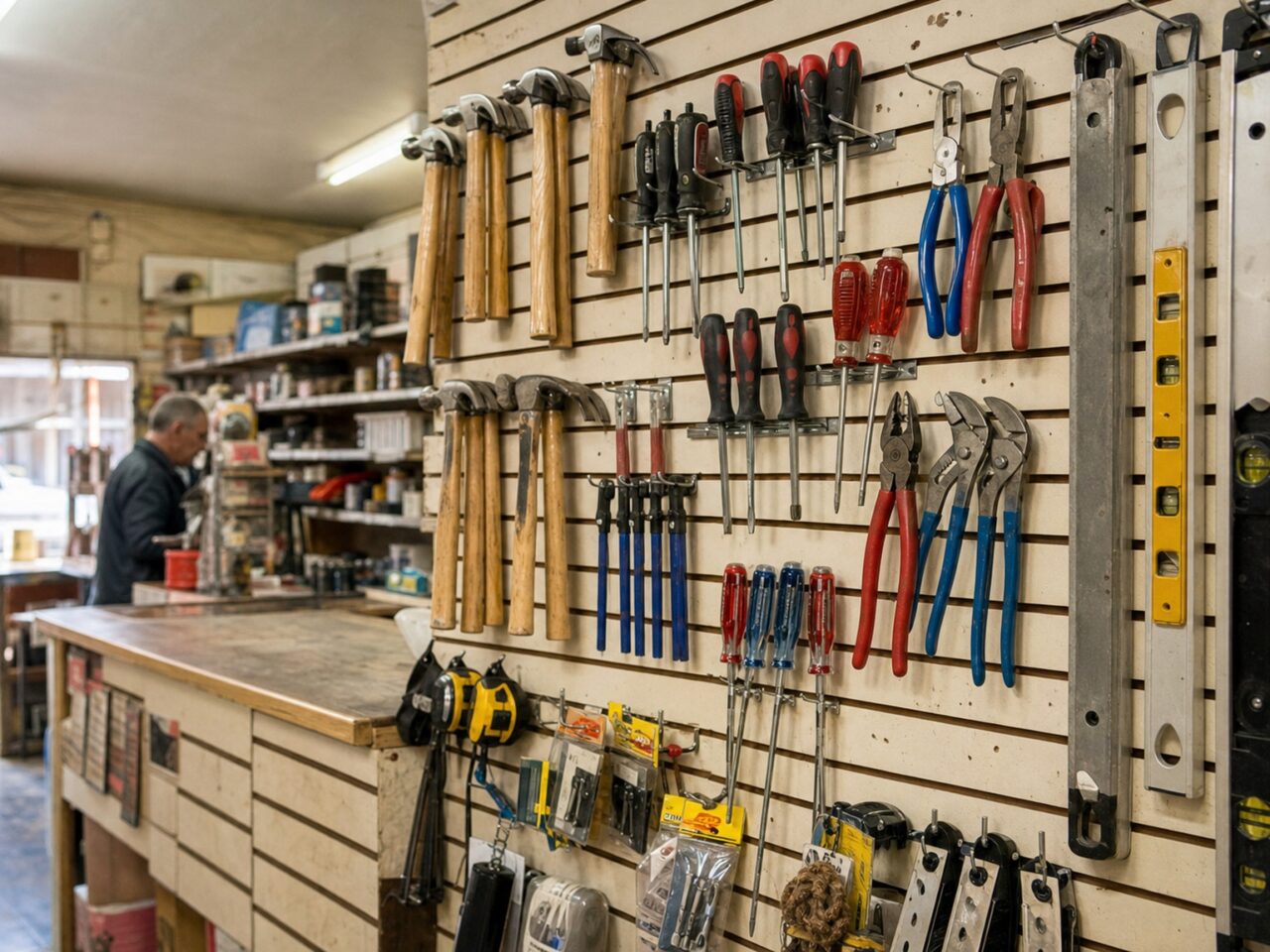 Detalle de alicates y niveles en un panel de herramientas de una tienda de bricolaje