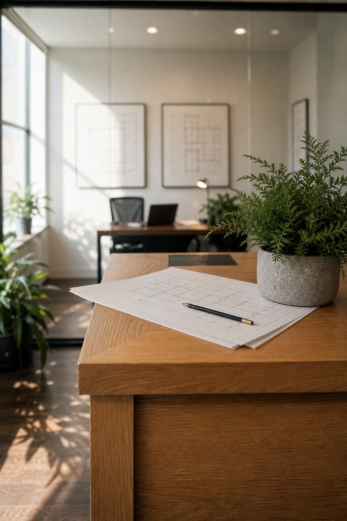 Détail de plan immobilier et plante sur un comptoir à Chicago