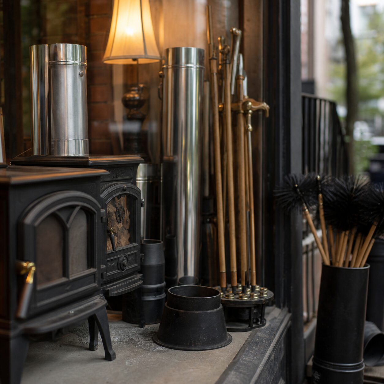 Close view of a cast-iron stove, stainless flues and chimney brushes in Boston