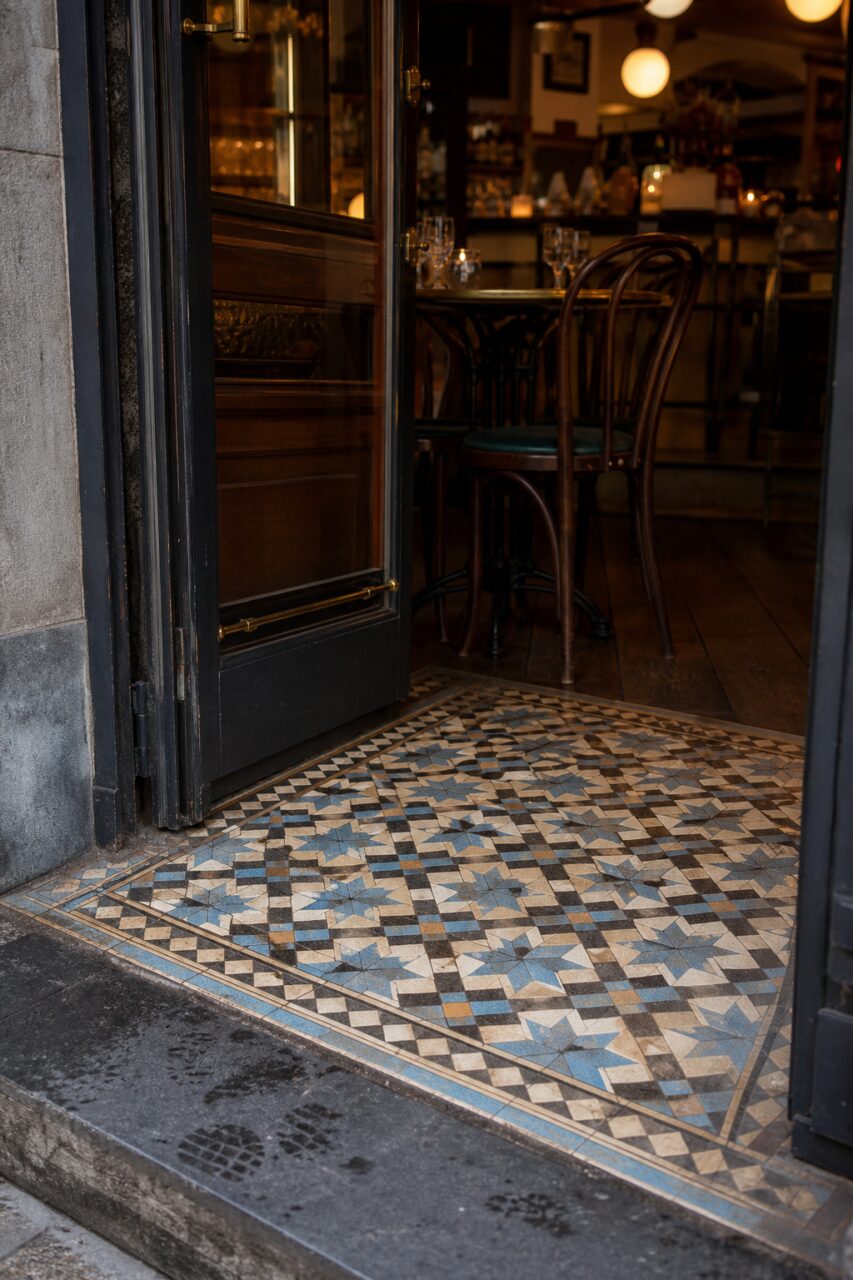 Detalhe vertical de uma soleira de mosaico azul e creme diante da brasserie
