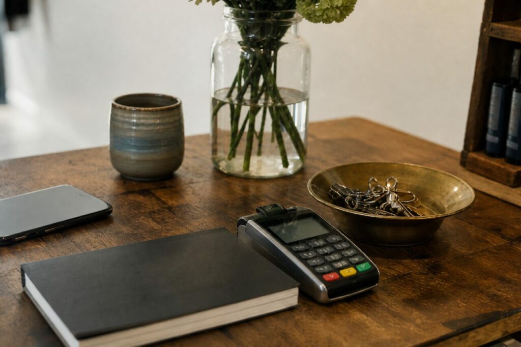 Colourful terminal black notebook and gold dish on counter