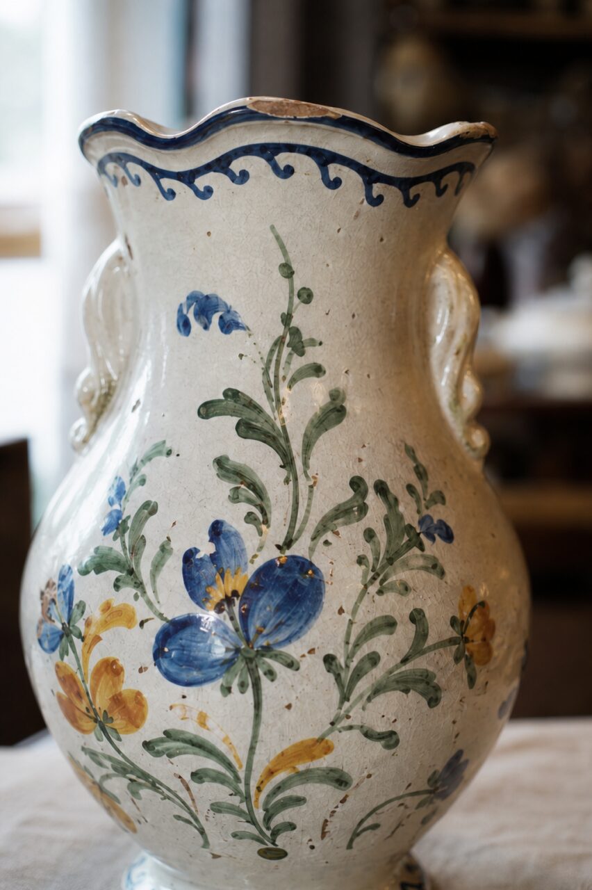 Primer plano vertical de un jarrón de loza crema con flores pintadas y esmalte craquelado