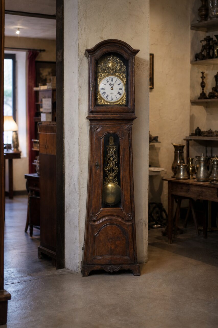 Detalhe vertical de um relógio de caixa com mostrador romano e pêndulo dourado