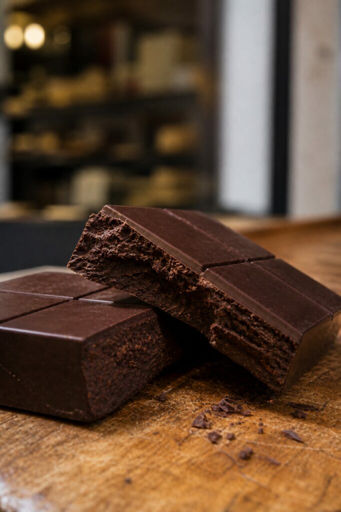 Vertical detail of broken dark chocolate bars