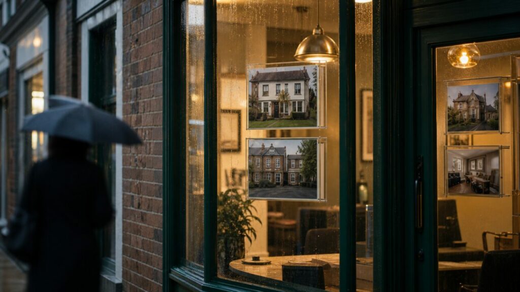 Détail de vitrine immobilière londonienne sous la pluie