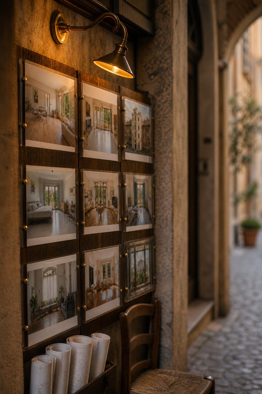 Detail einer römischen Immobilienvitrine unter einer Kupferlampe