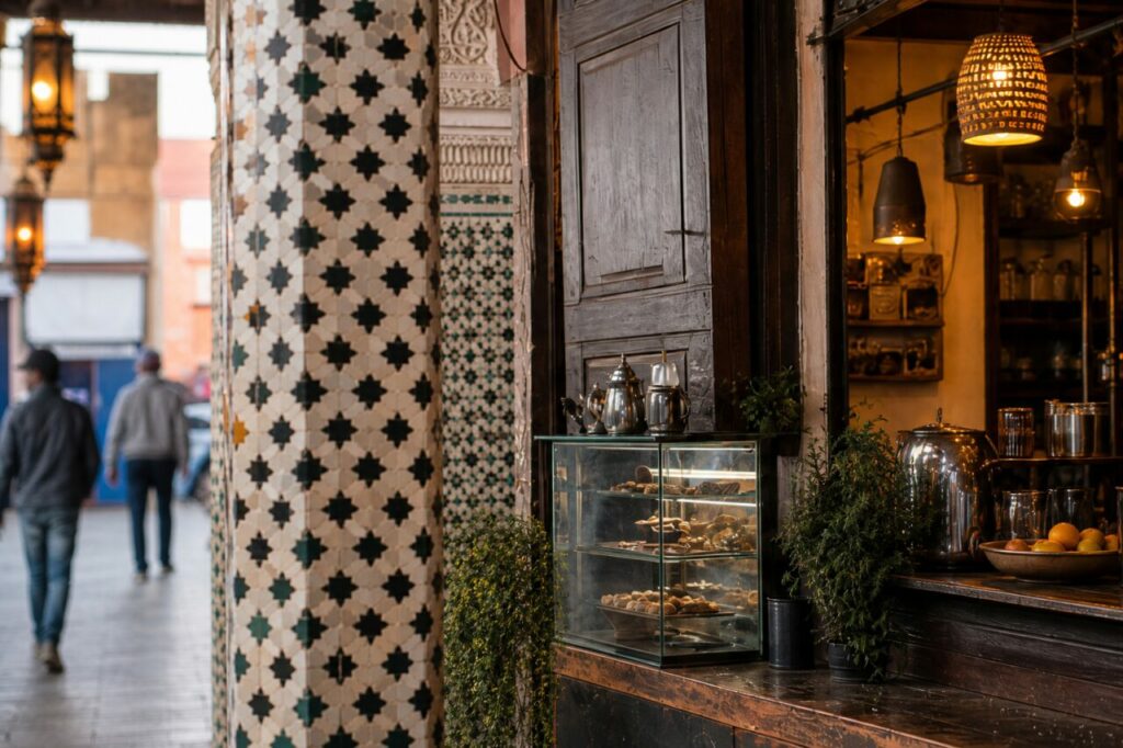 Détail de la vitrine et des récipients au bord du comptoir