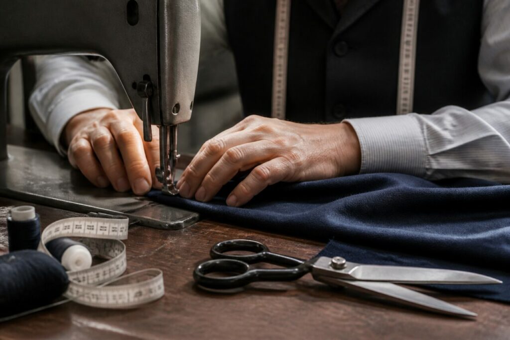 Détails de l’atelier de couture — Tissus, bobines et outils disposés autour de la table de coupe