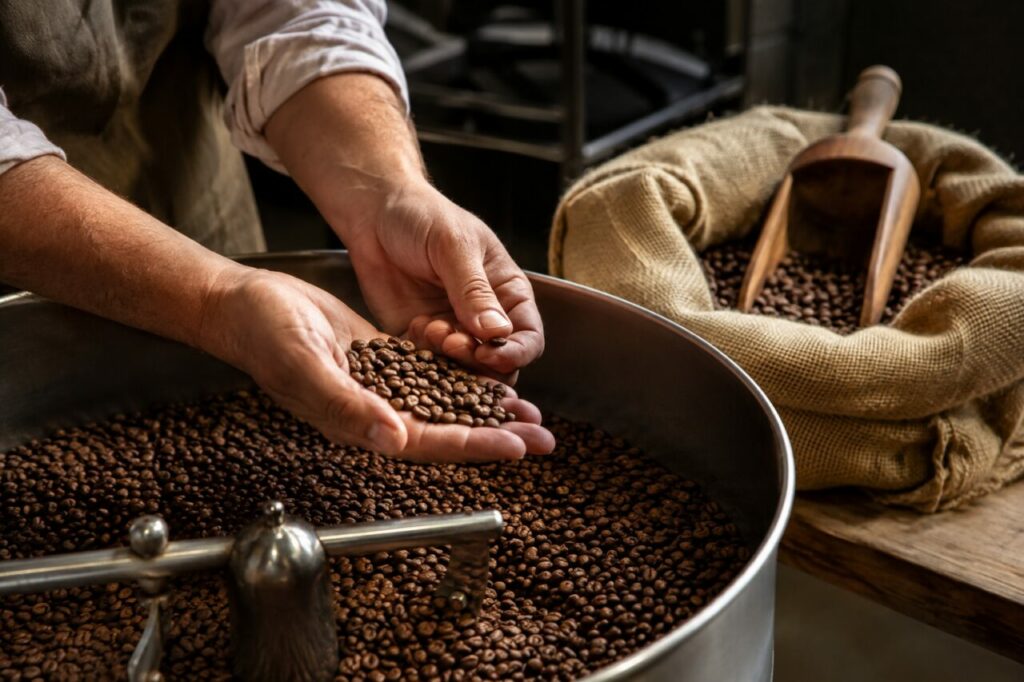 Détails de la torréfaction artisanale avec machine, sacs et grains sur le comptoir