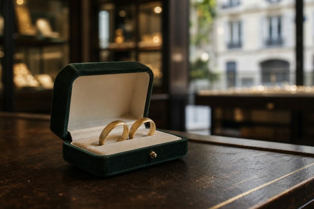 Twee goudkleurige ringen in een groen doosje