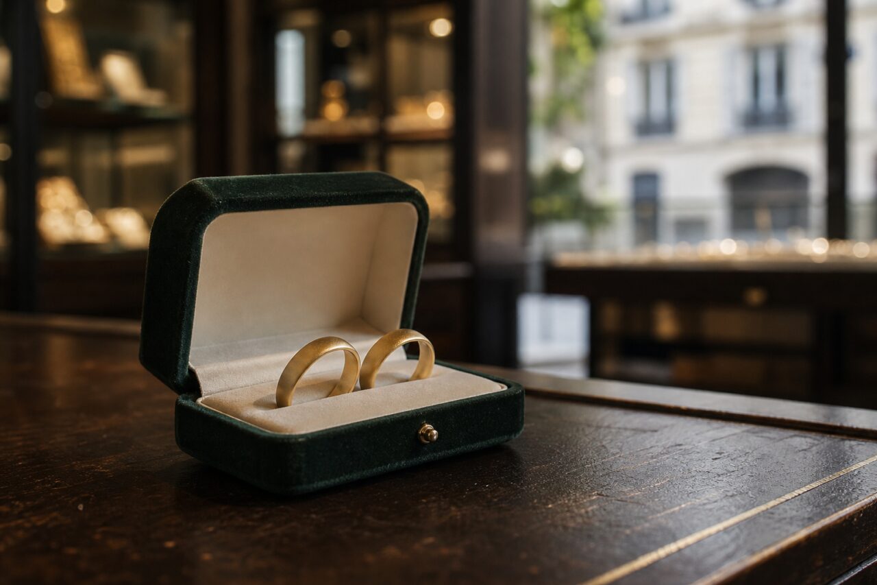 Two gold-toned bands in a green ring box