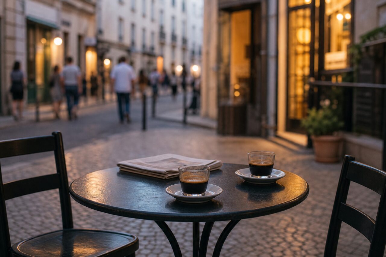 Schräger Blick auf zwei Kaffees am Tisch vor einer belebten Pflasterstraße