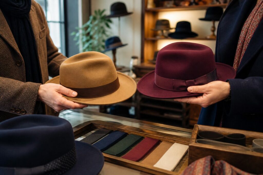 Deux chapeaux présentés sur le comptoir de la chapellerie