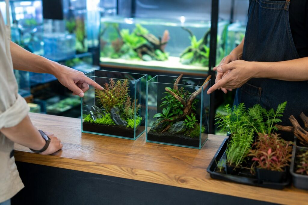 Twee beplante glazen bakken op een houten toonbank