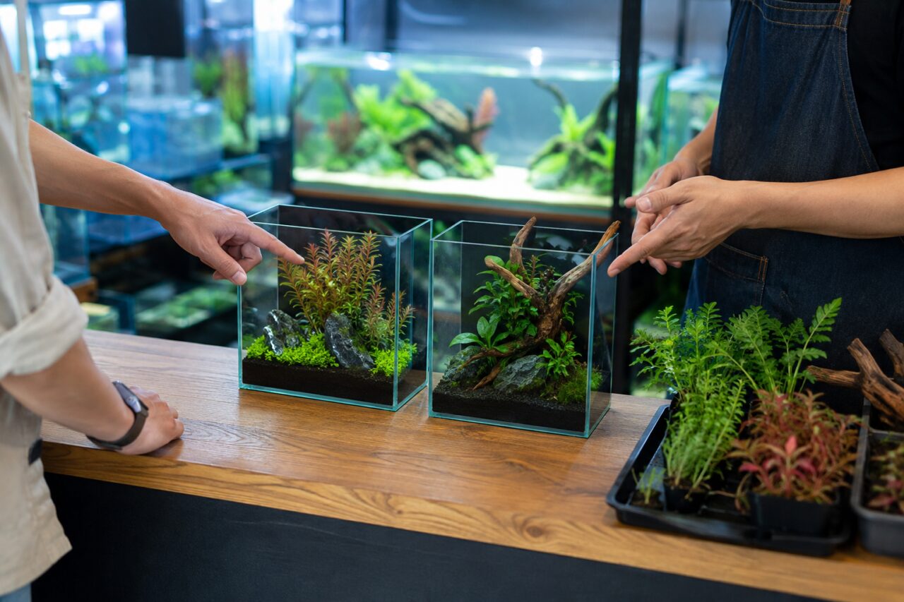 Twee beplante glazen bakken op een houten toonbank
