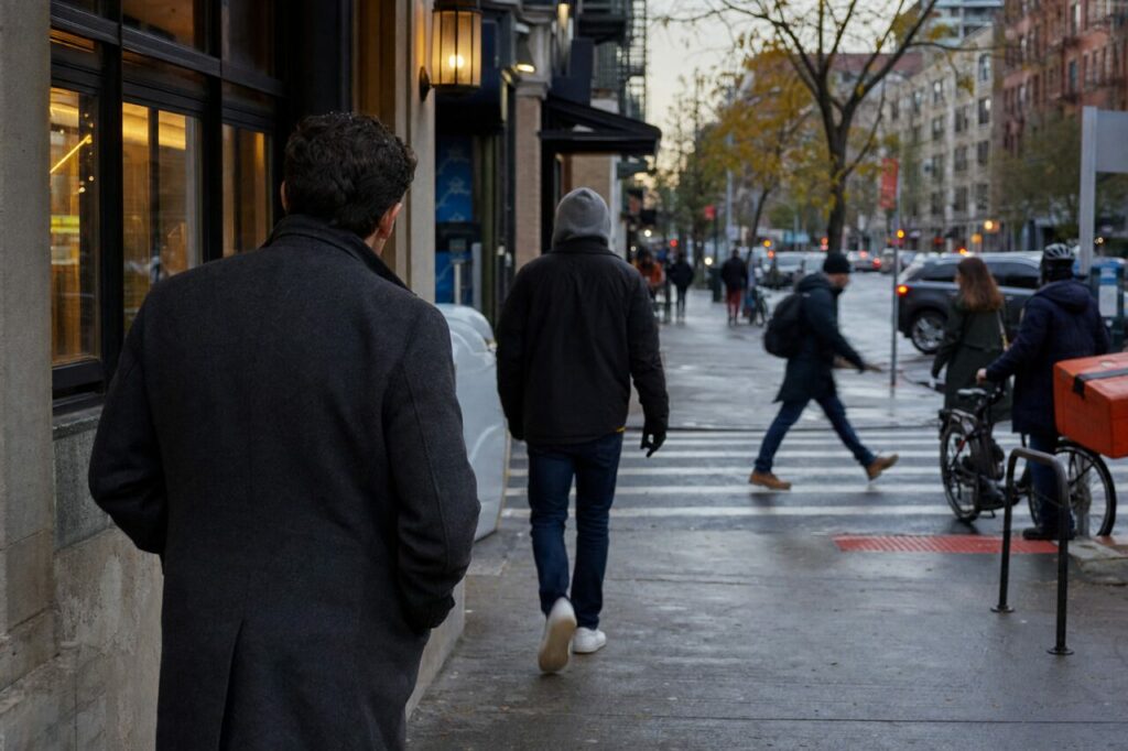 Deux hommes de dos sur un trottoir humide