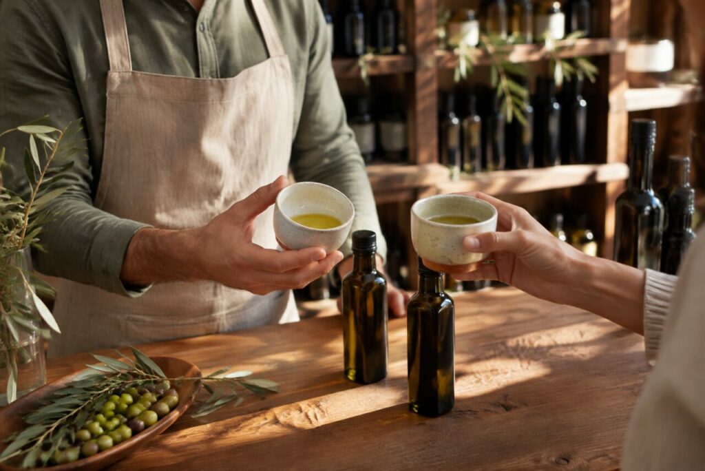 Deux huiles et bouteilles présentées sur le comptoir de la boutique