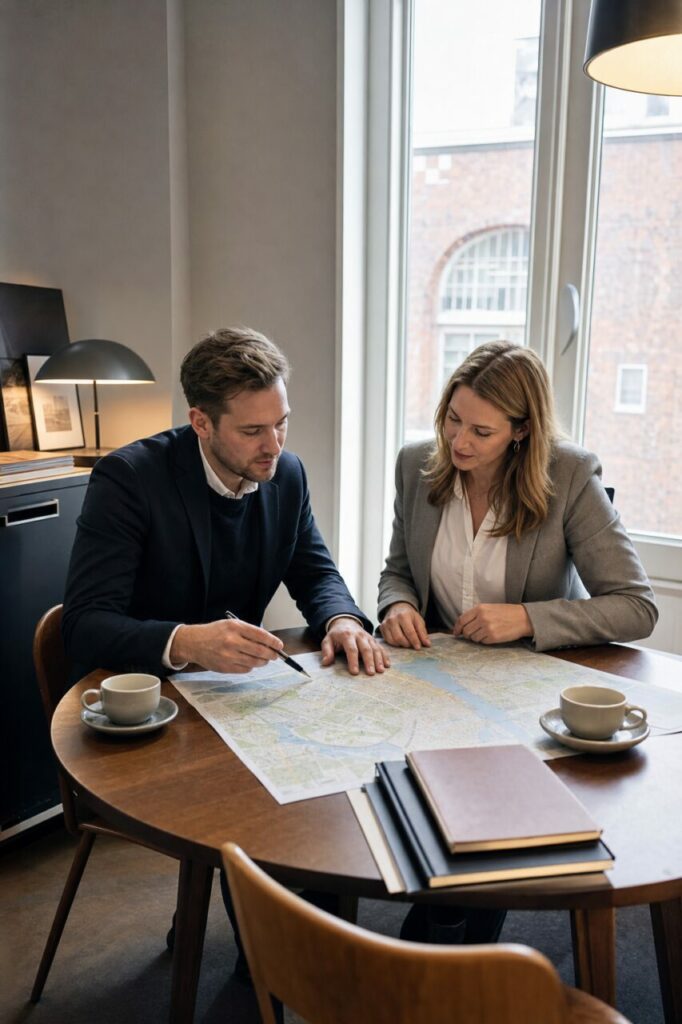 Dos personas estudian un mapa urbano en una oficina luminosa