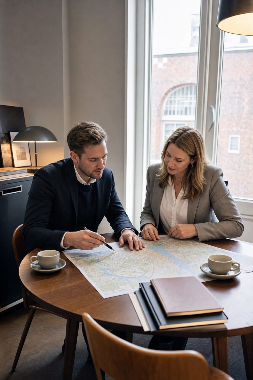 Deux personnes étudient une carte urbaine dans un bureau lumineux