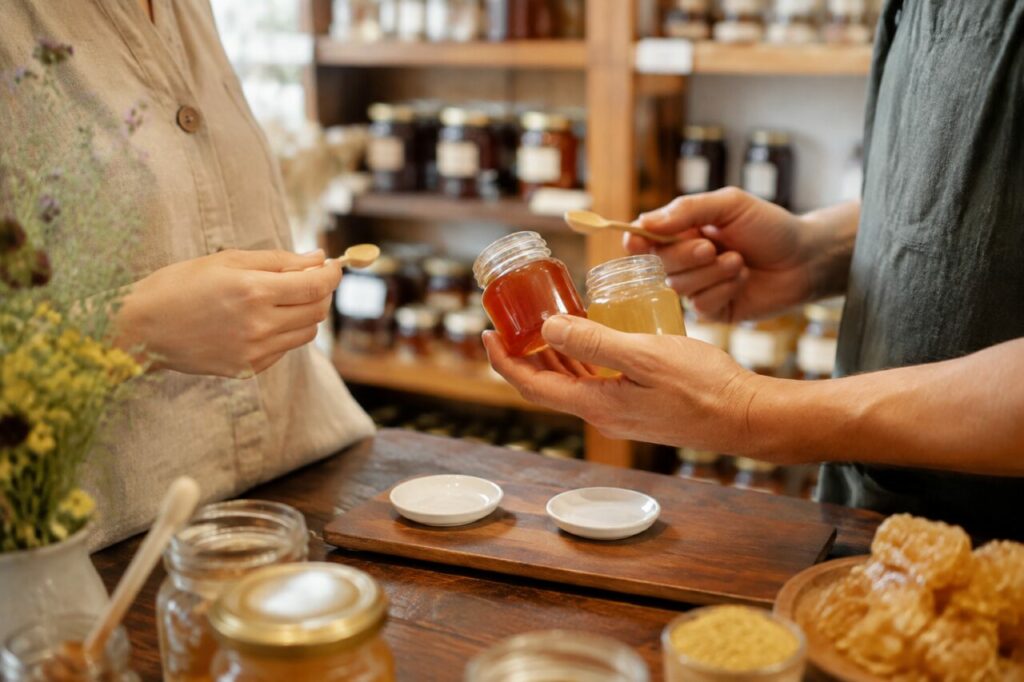 Deux pots de miel ouverts avec cuillère et rayon doré