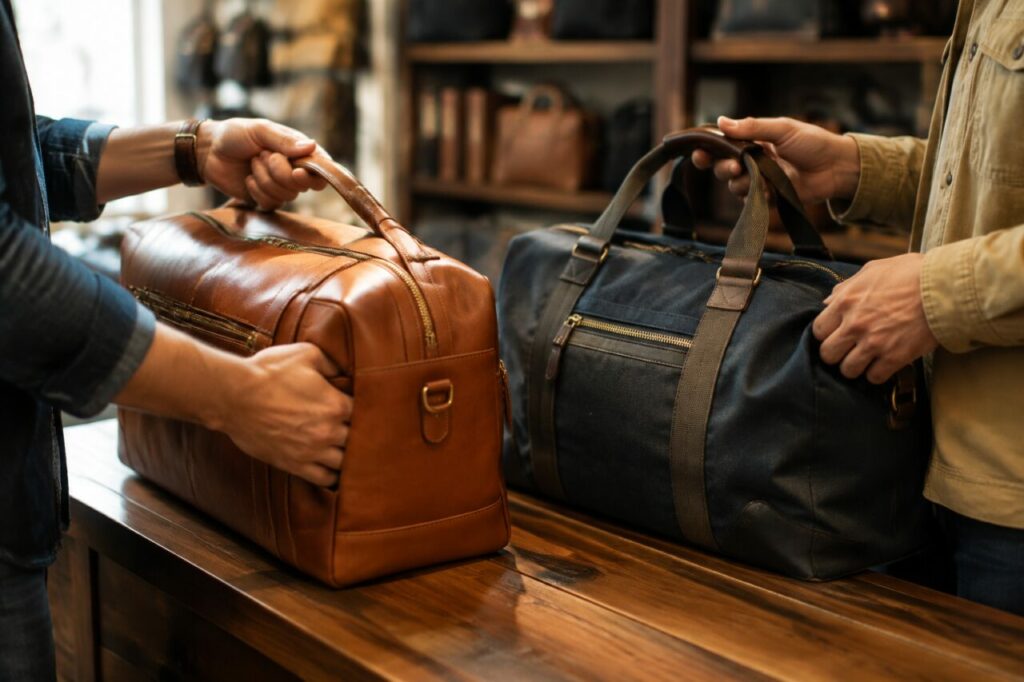 Deux sacs de voyage en cuir et en toile sur un comptoir