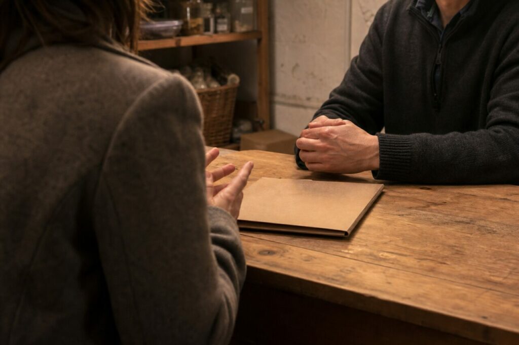 Deux silhouettes autour d’une table avec porte-documents brun