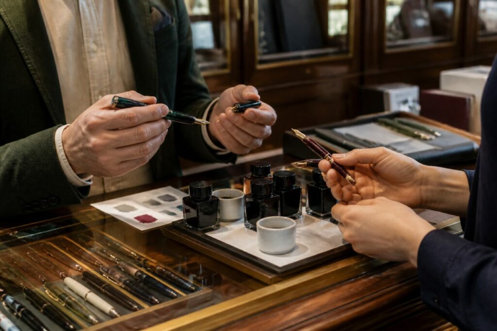 Deux stylos-plume et leurs encres sur le comptoir