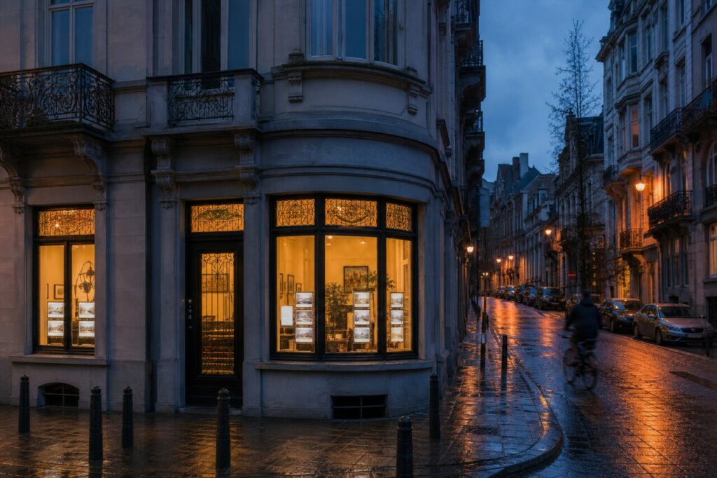 Breite Ansicht eines Brüsseler Immobilienbüros im Abendlicht