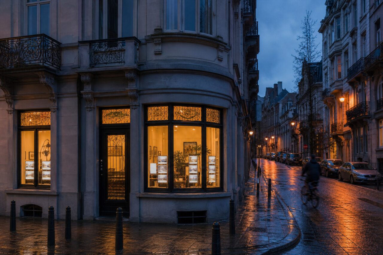 Breite Ansicht eines Brüsseler Immobilienbüros im Abendlicht