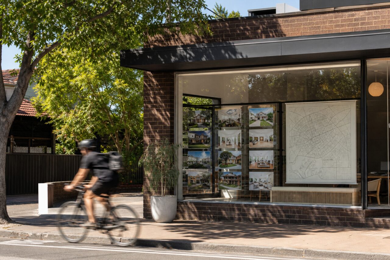 Escaparate inmobiliario de Melbourne bajo los árboles
