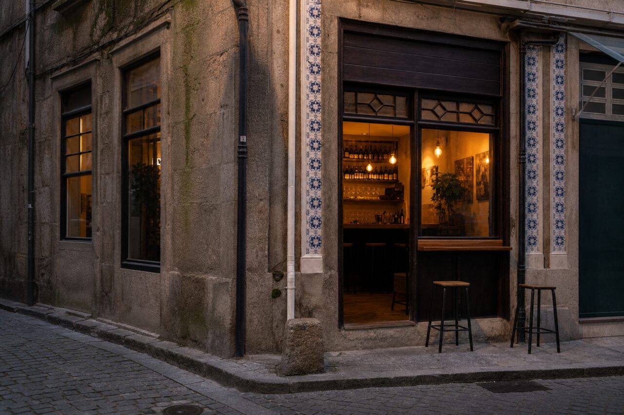 Devanture d’angle au bord d’une ruelle pavée