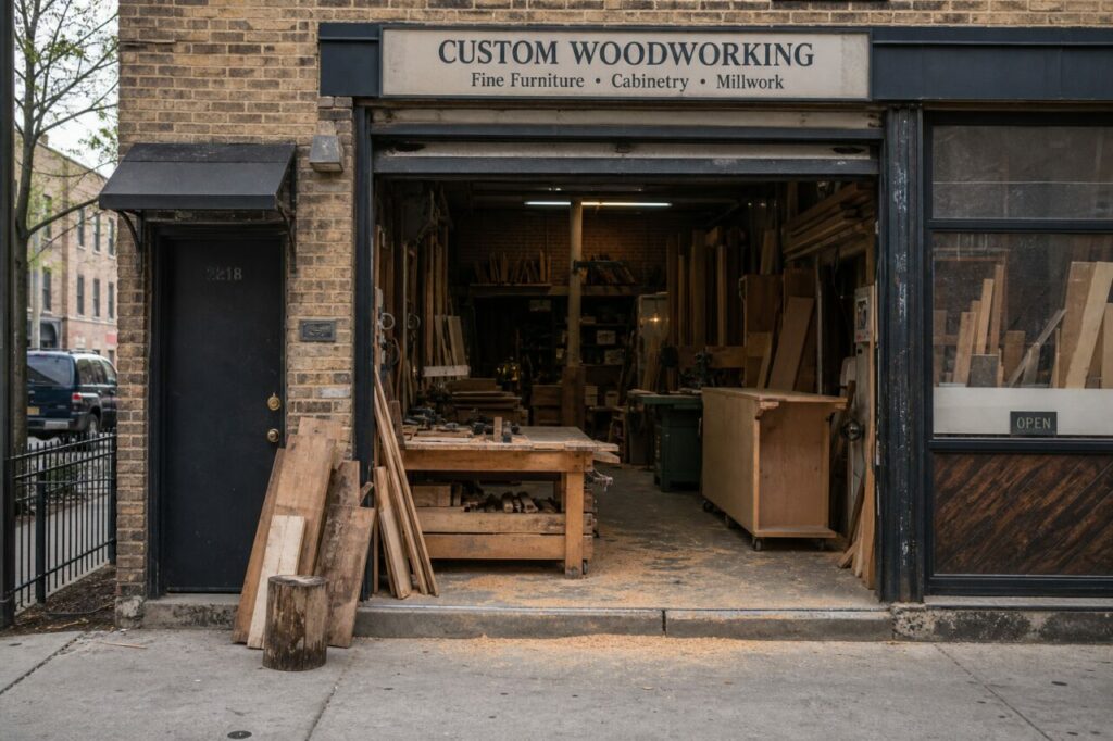 Offene Fassade einer Maßschreinerei an einer Straße in Chicago