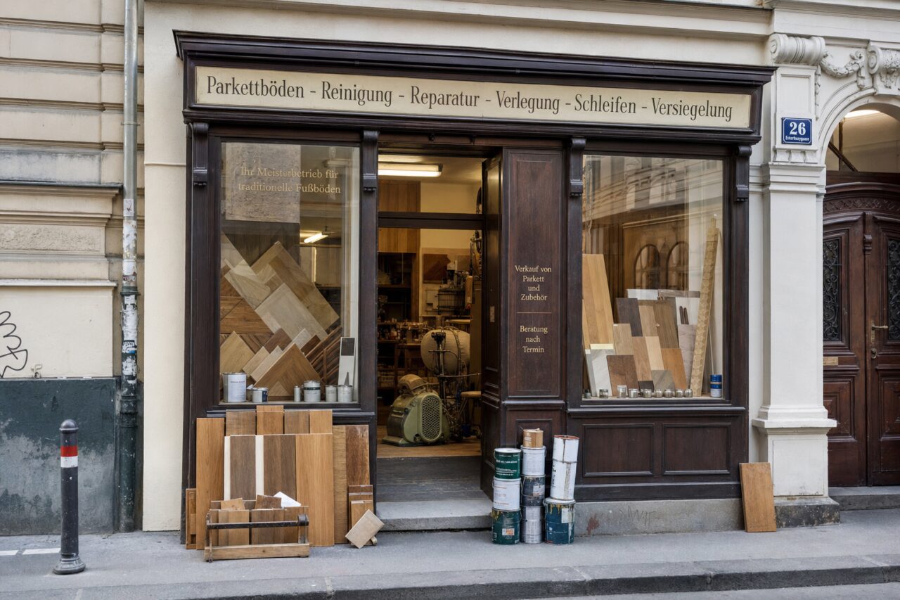 Schaufenster einer Parkettwerkstatt mit Holzmustern in einer Wiener Straße