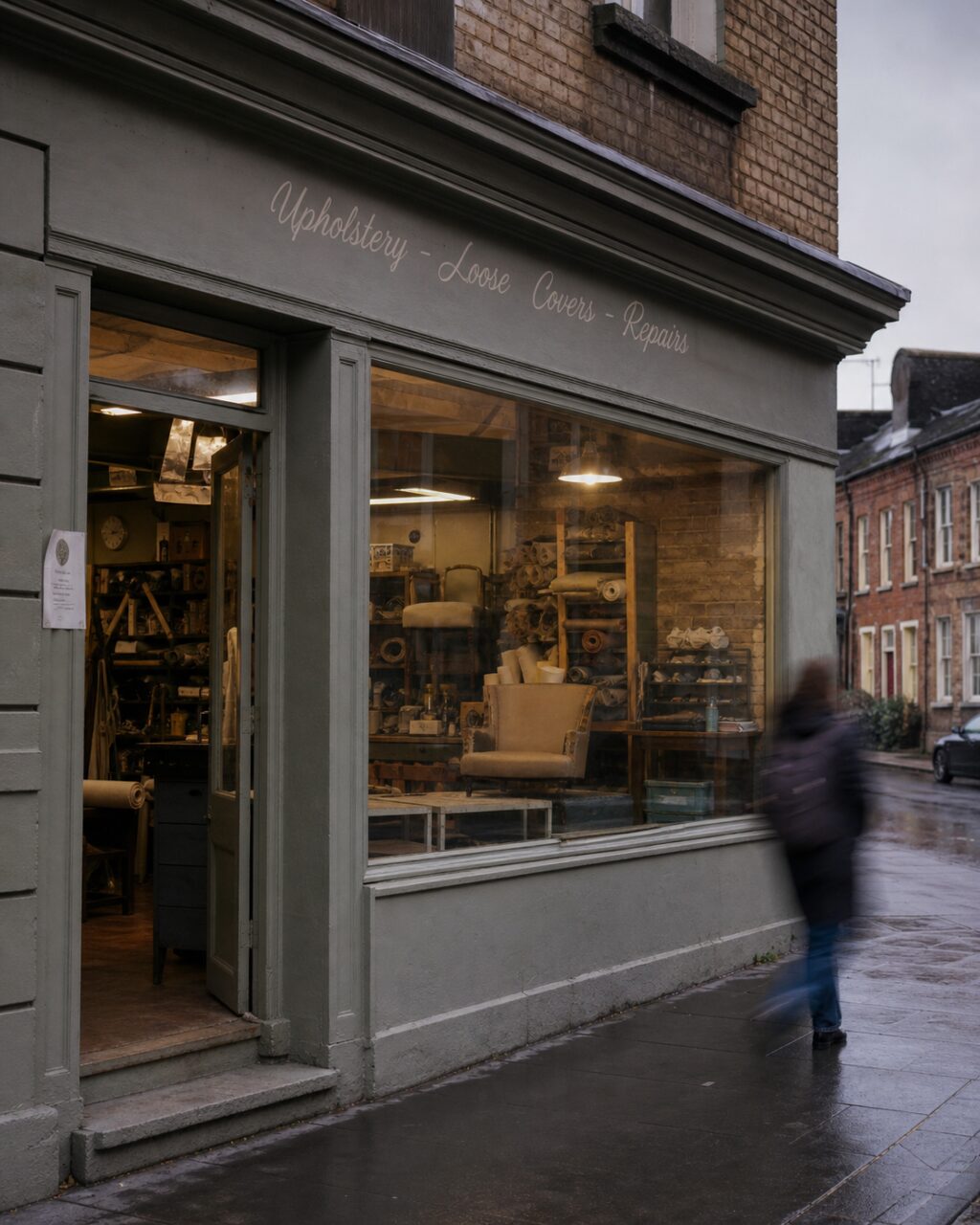 Fassade einer Polsterwerkstatt mit „Upholstery“-Schild in Dublin